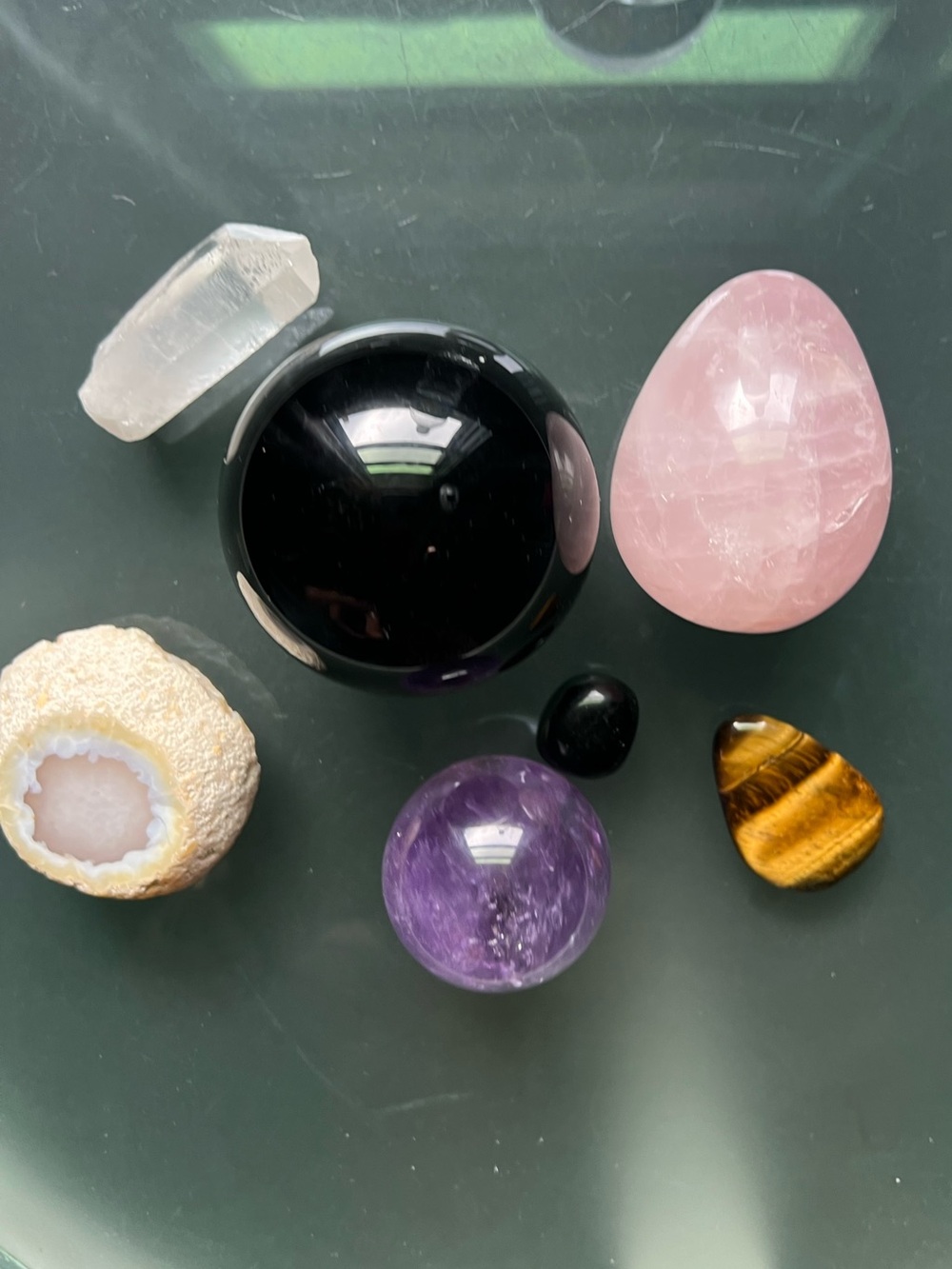 Rose Quartz Egg and Mixed Crystal Display - Pink, Black, Purple, Gold